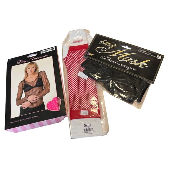 Leg Avenue Neon Pink Spandex Long-Sleeved Industrial Net Shirt Net Gloves & Mask - Picture 2 of 7